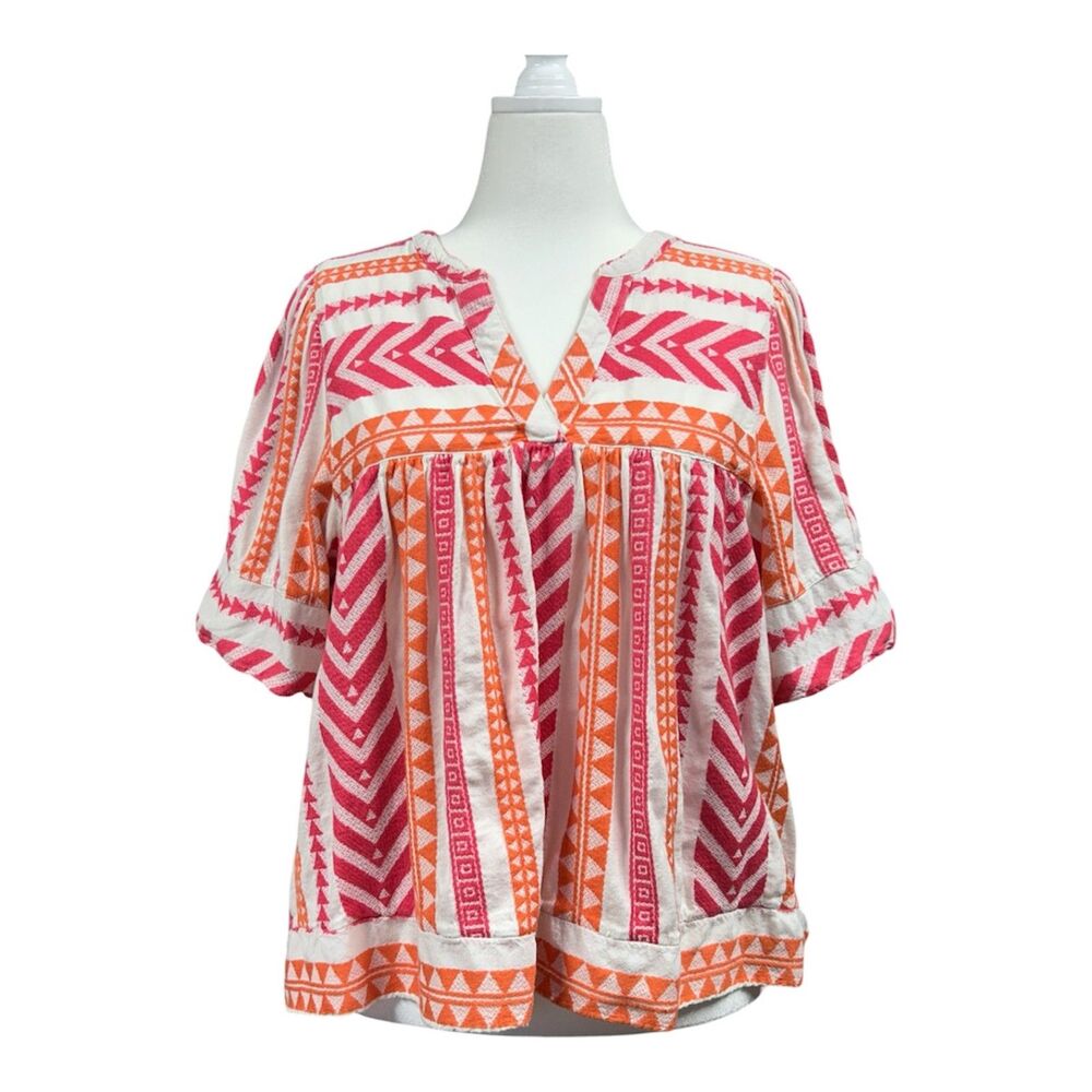 Old Navy Split Neck Textured Aztec South Western Boho Blouse Sz XXL Pink Orange